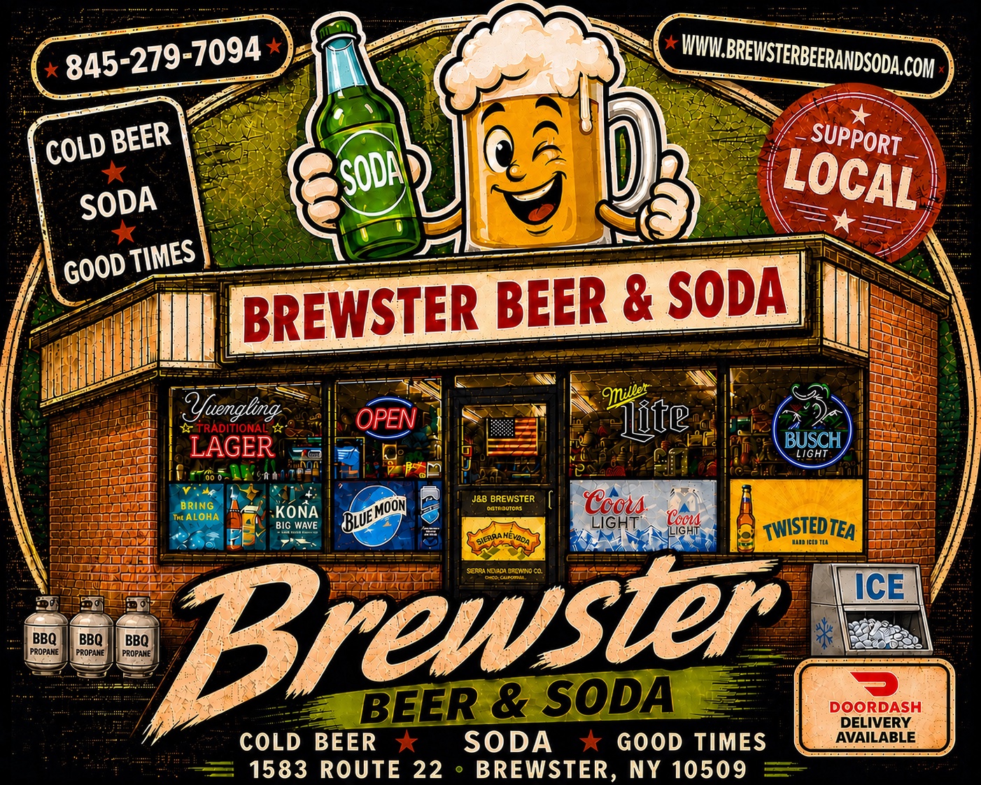 Rustic Brewster Beer & Soda storefront artwork with our mascot, phone number and DoorDash delivery